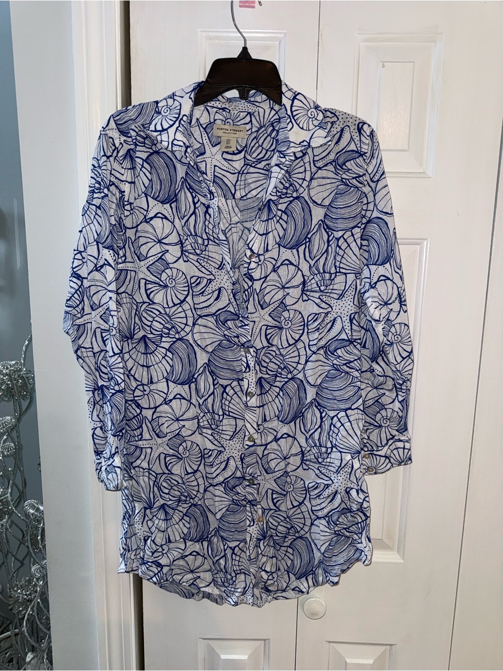 Martha Stewart Blue & White Shell-Pattern Button-Down Shirt (like a cover-up) Sm